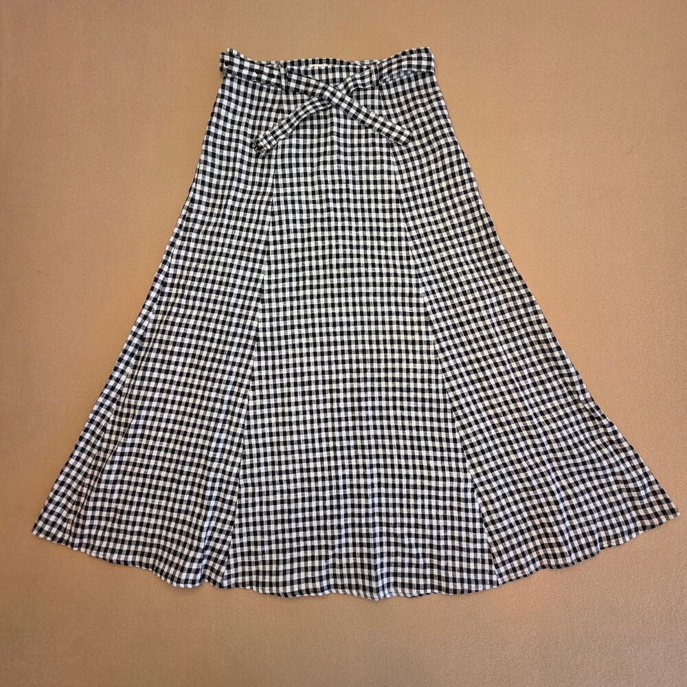 Reformation Silas Gingham Linen Midi Skirt Black & White Sz 2 - Picture 2 of 7